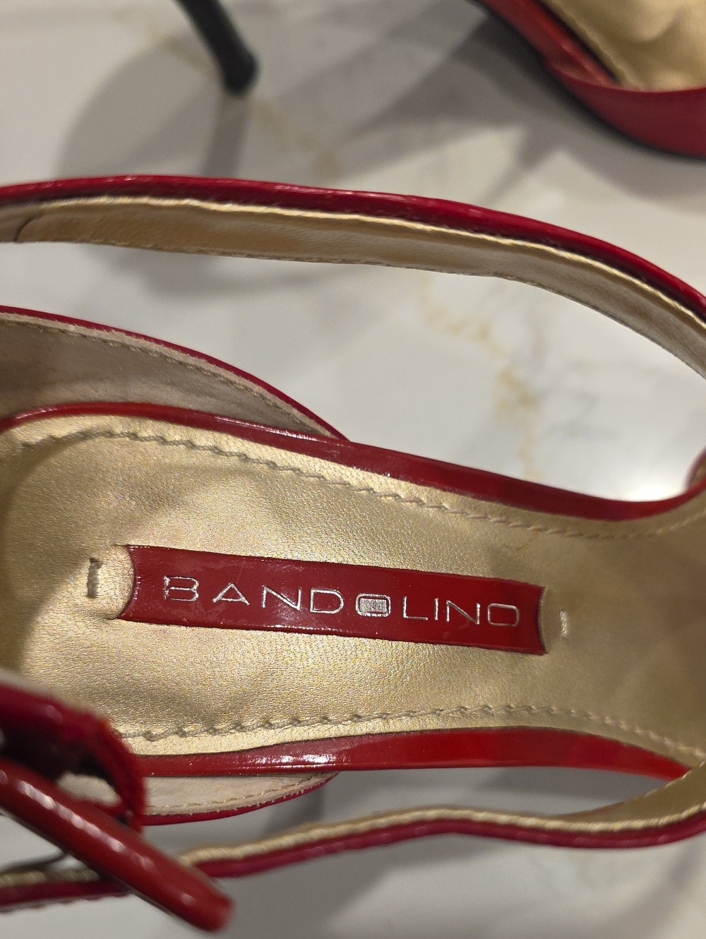 Bandolino Red Patent T-Strap Open-Toe Heels with Ankle Buckle - Picture 4 of 5